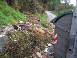 Restos de podas e escombros acumulados en Vilariño